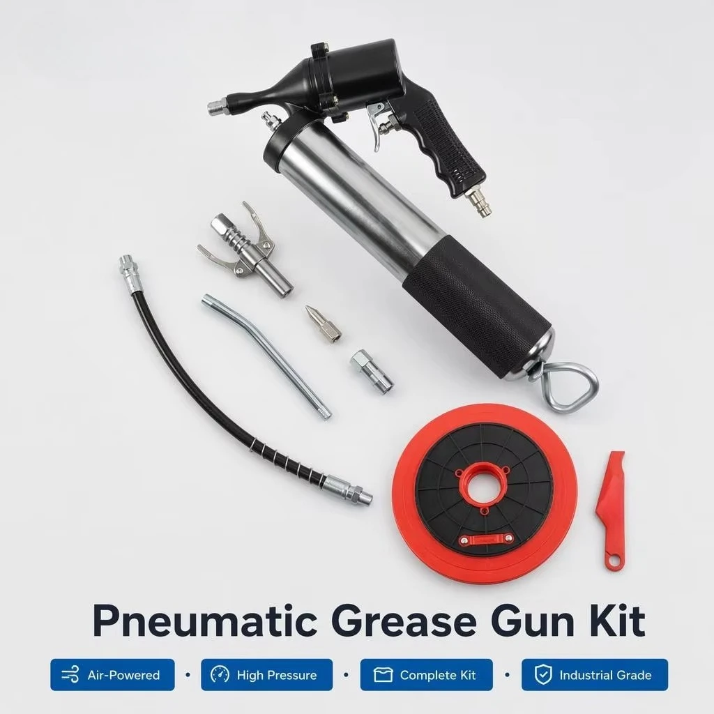 Pneumatic Grease Gun Kit Air-Powered High Pressure Lubrication Tool with Flexible Hose Couplers Follower Plate