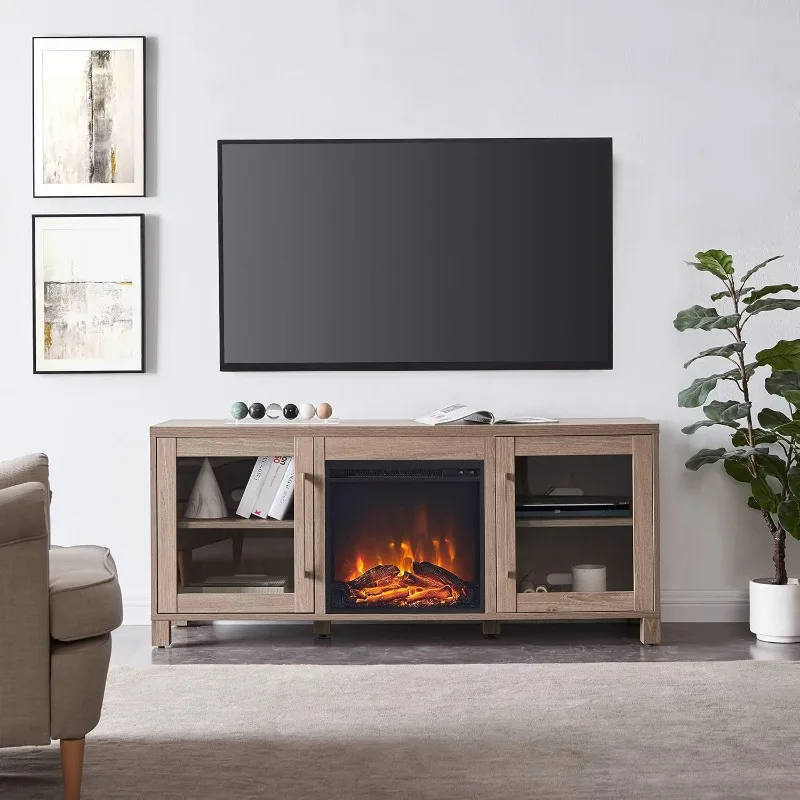 Rectangular TV Stand with Log Fireplace for TV's up to 65