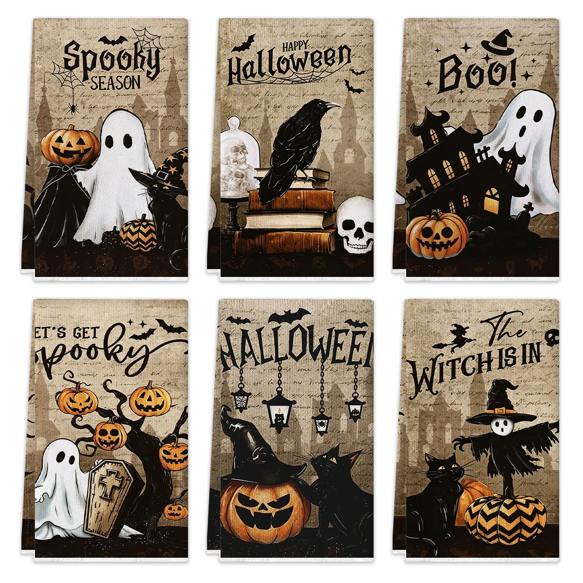 2/4/6Pcs Halloween Kitchen Towels Vintage Ghost Pumpkin Black Cat Skull Print Absorbent Multi‑Purpose Cleaning Dish Cloths