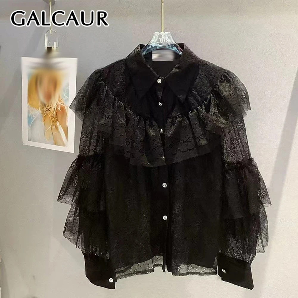 

GALCAUR Solid Spliced Lace Elegant Shirt Female Lapel Long Sleeve Loose Gentle Intellectual Women's Shirts Autumn Fashion New