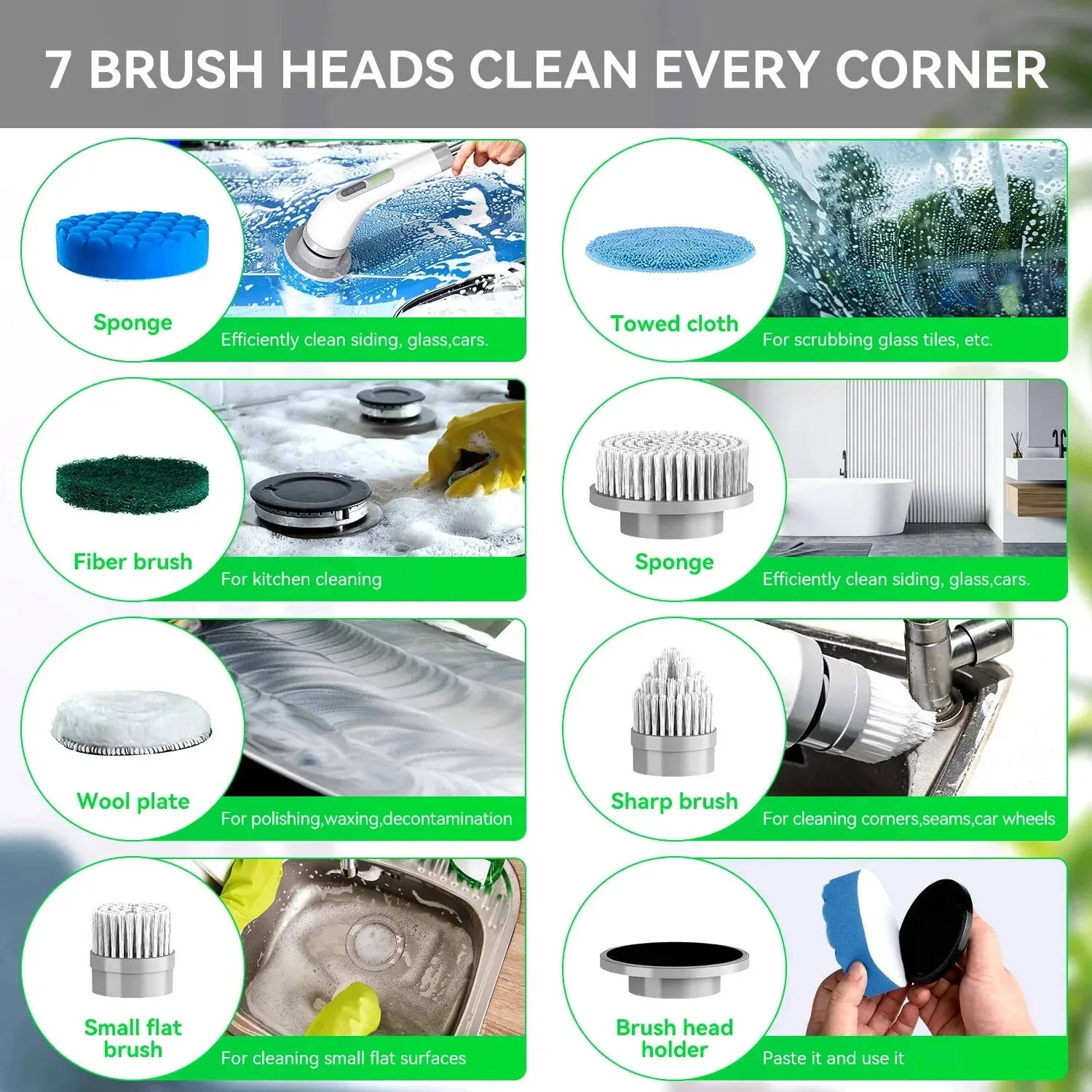 Electric Cleaning Brush 7 in 1 Bathroom Kitchen Multifunctional Cleaning Tool USB Type Electric Rotary Scrubber Cleaning Brush