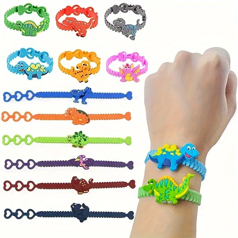 

12Pcs Colorful Rubber Dinosaur Wristbands - Elastic and Soft Silicone Fun Toys for Holiday Party Decorations, Children's Gift