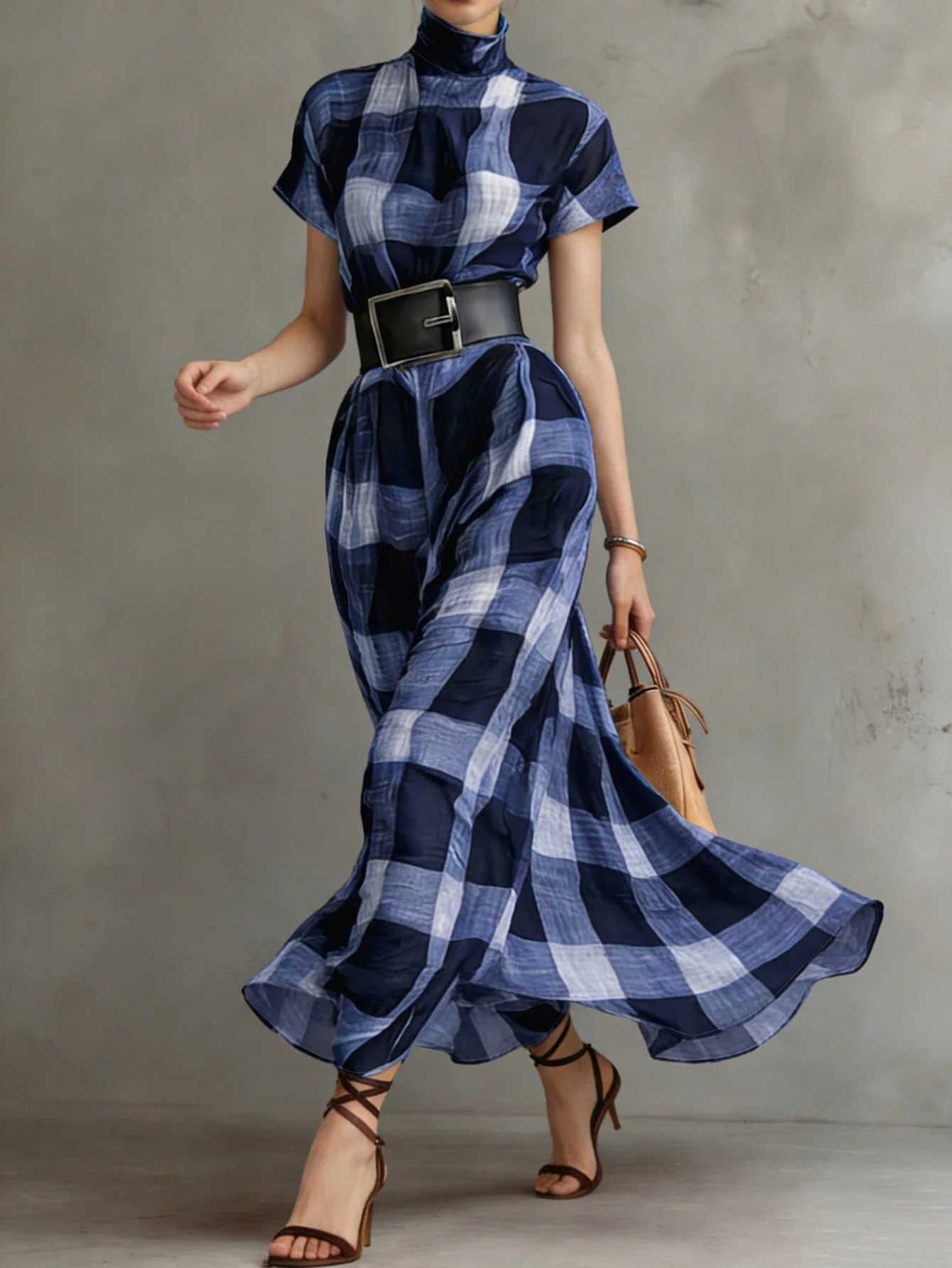 

Женское макси-платье в клетку с высоким воротником и расклешенным драпированным силуэтом для элегантного летнего образа