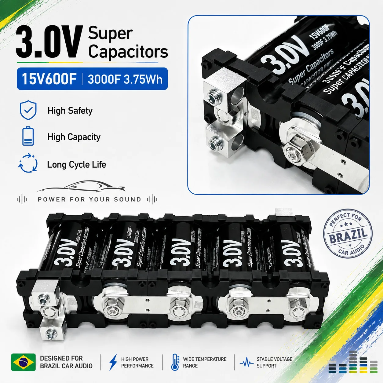 Personalização com a marca Banco de Supercapacitores 15V600F 3000F 10000CCA Para Som Automotivo Potência Máxima e Estabilidade