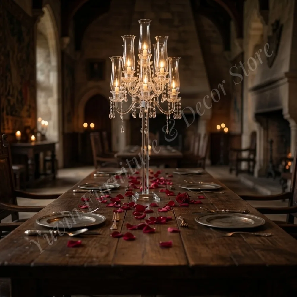 Luxury Handmade Crystal 110cm Height 9 Arms Wedding Candelabra Centerpieces with Glass Cylinder for Home Decoration