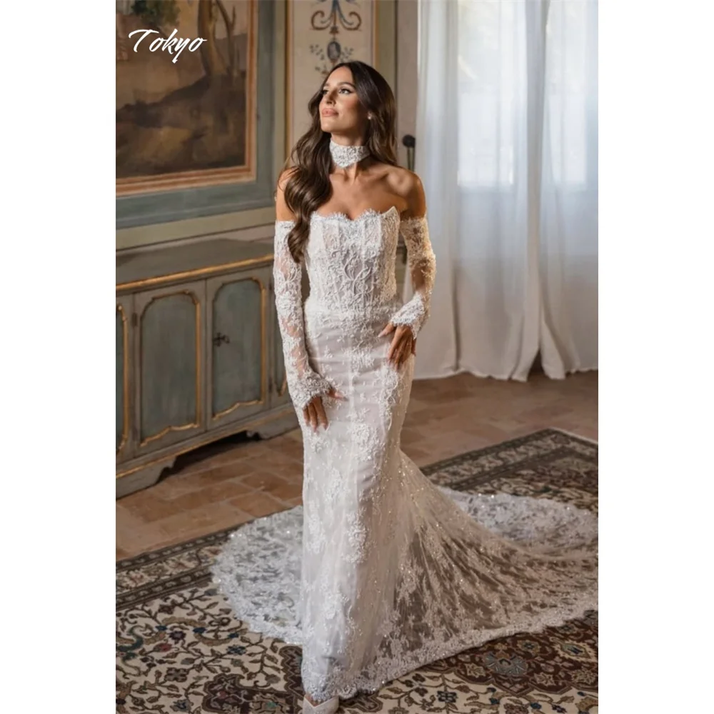 Tokyo personnalisé blanc hors de l'épaule robes de mariée manches détachables Court Train robes de mariée 2025 robes de mariée sirène