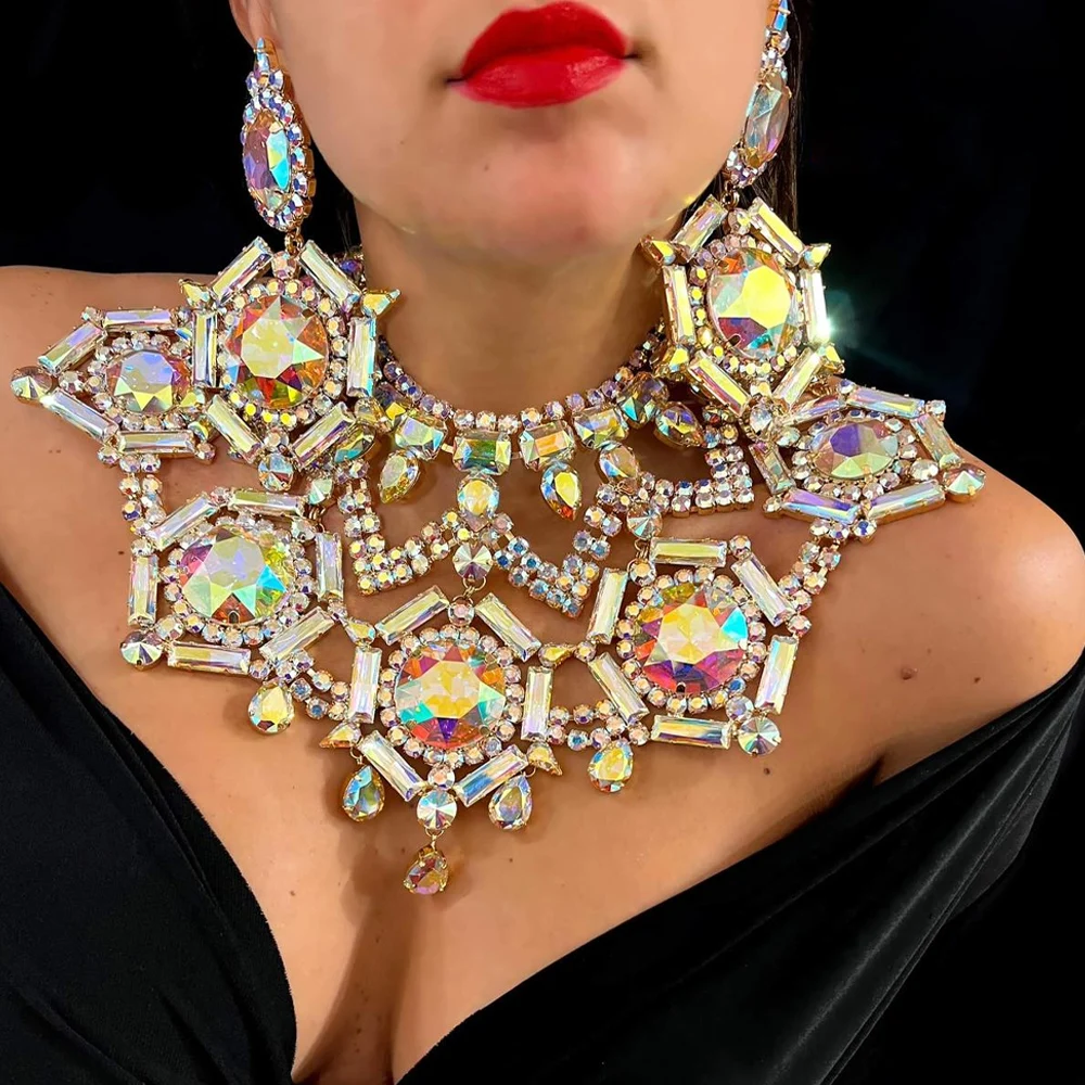 Stonefans Colorful Crystal Necklace Earrings Set Wedding Accessories 2023 Exaggerated Rhinestone Party Jewelry Sets for Women