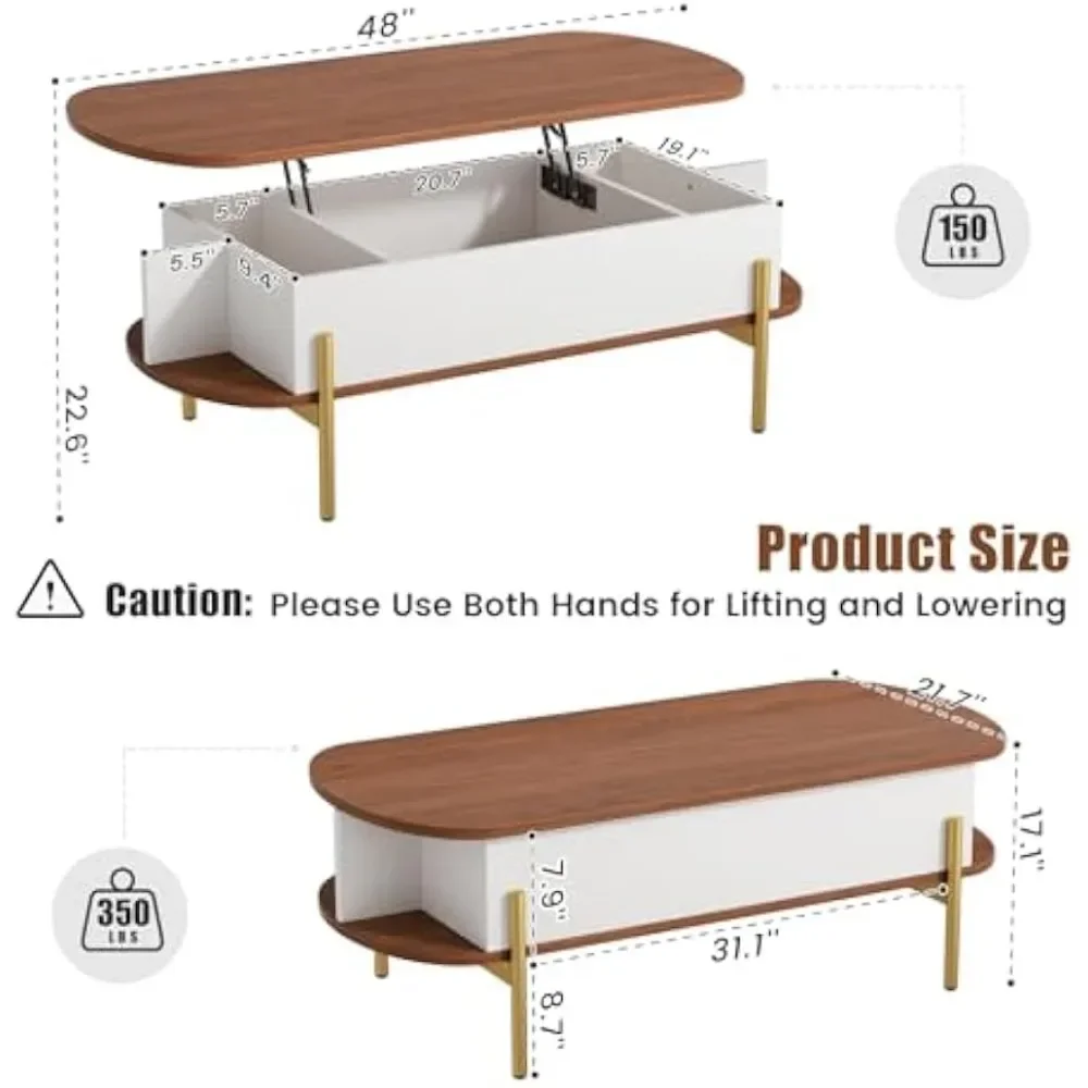 Mesa de centro oval de 48" com pernas de metal de armazenamento e grande compartimento oculto, mesa de centro com tampo de elevação e prateleira aberta