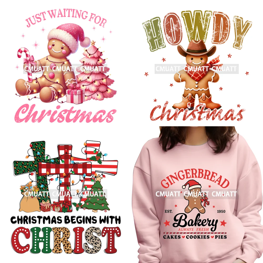 

Jesus Christian Christmas Gingerbread Pink Coquette Bow Tis The Season DTF Heat Transfer Stickers Durable Iron On For T-shirts