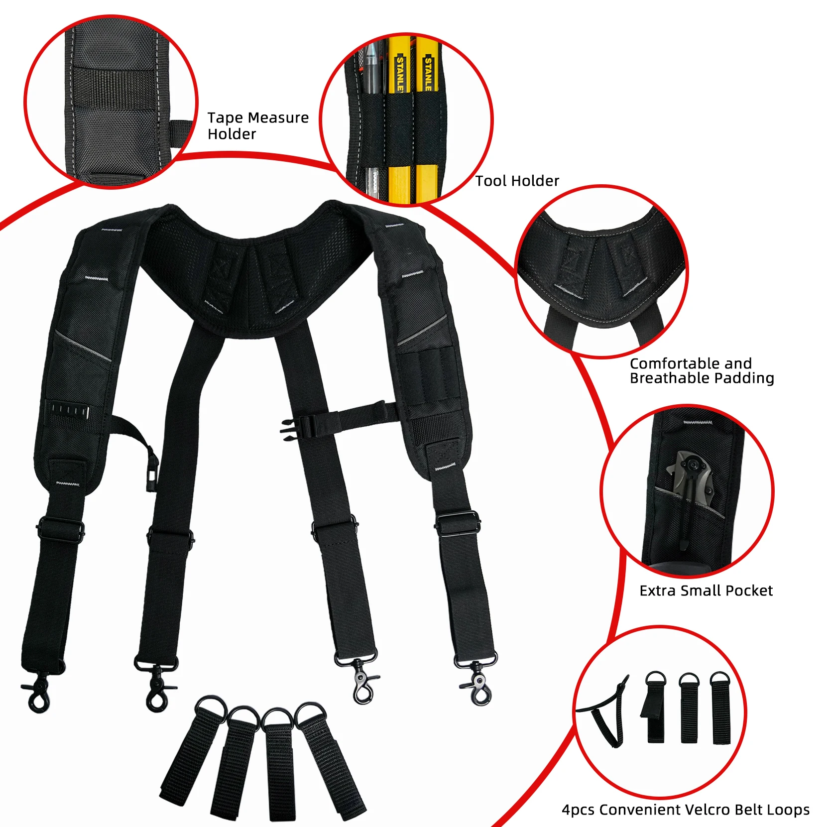 KUNN Tool Belt bretelle imbottite carpentiere costruzione elettricista bretella da lavoro con anelli di fissaggio per uomo, nero