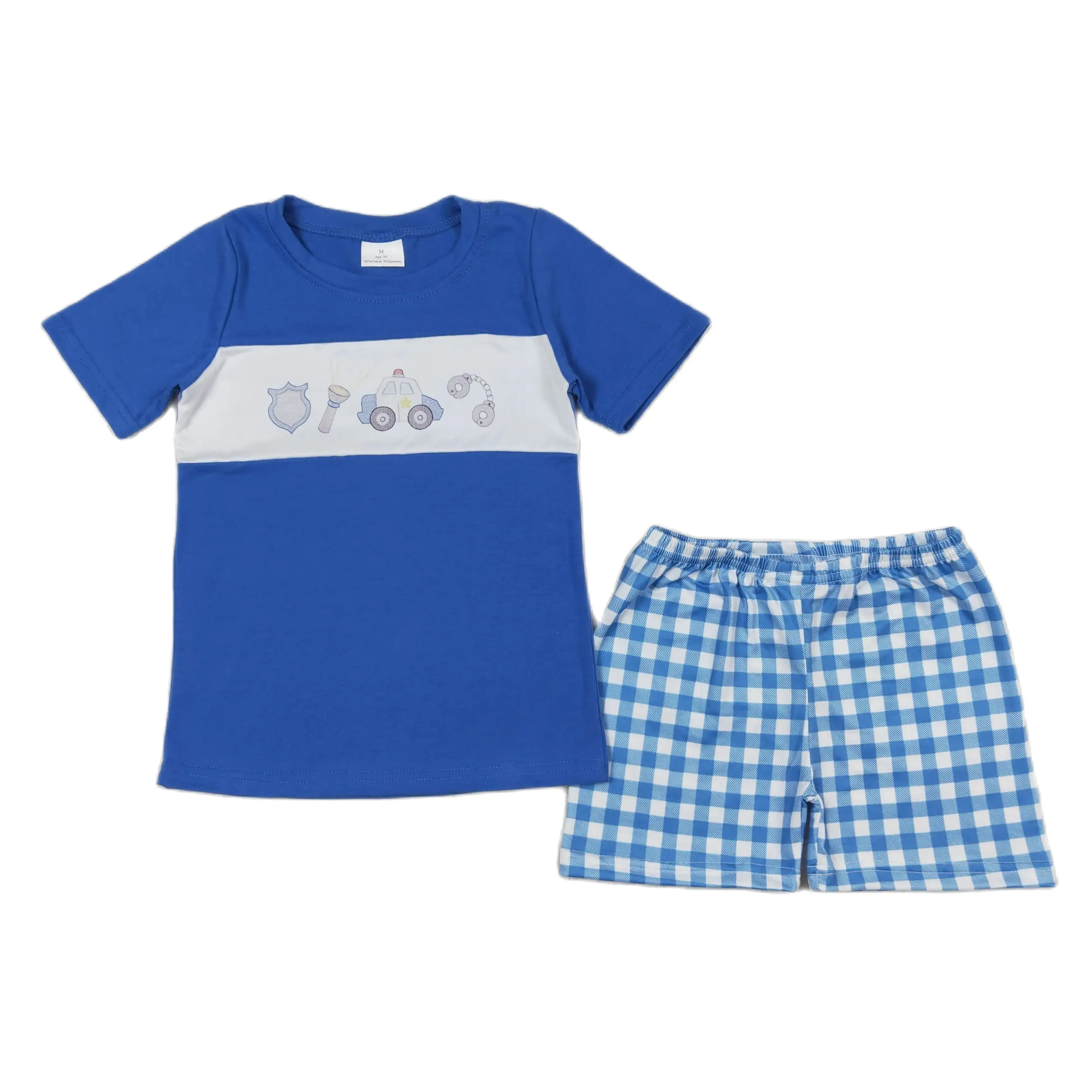 

Wholesale Toddler Baby Boy Summer Outfit Children Short Sleeves T-shirts Tee Plaid Blue Shorts Set Clothing