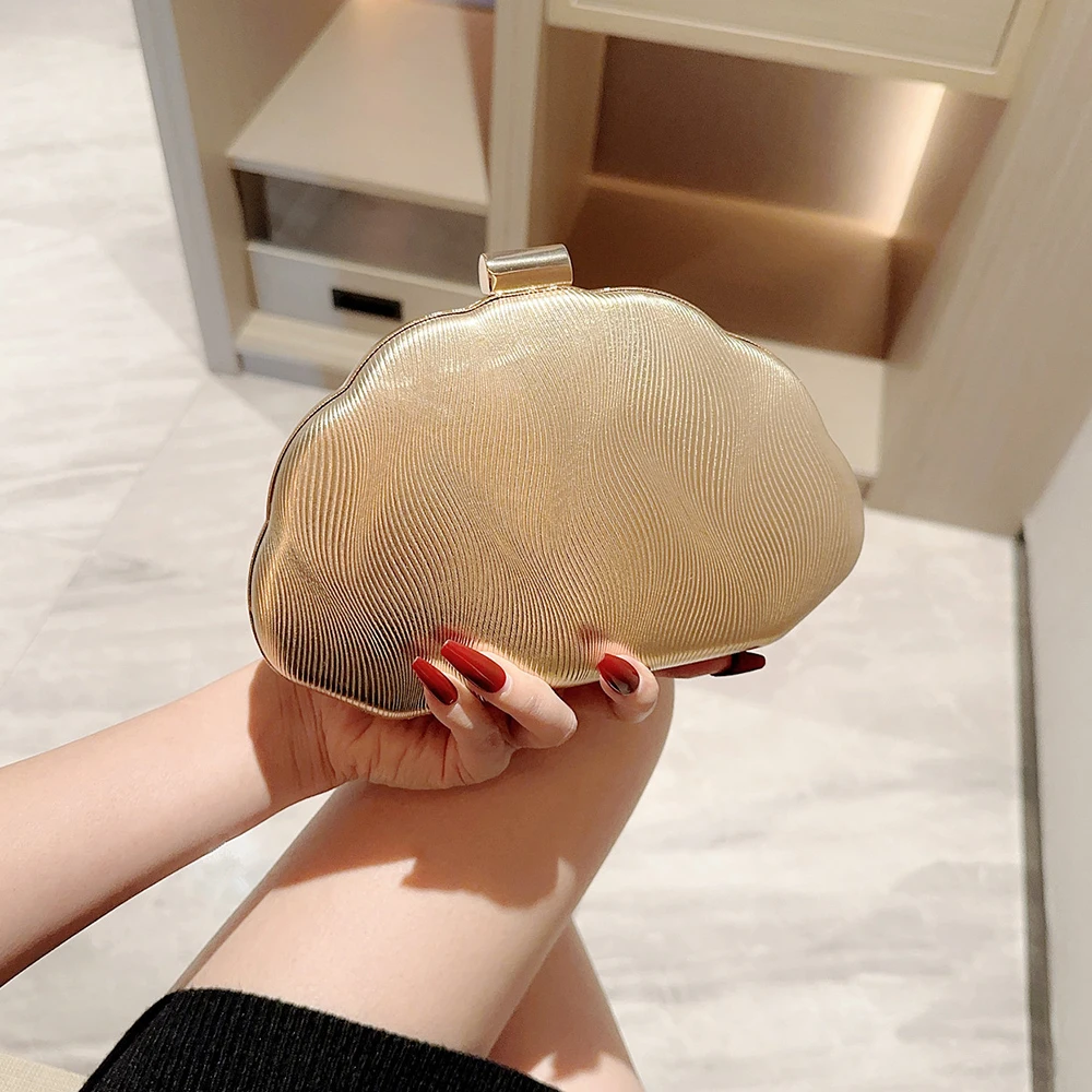 

New Gold Shell Shaped Clutch Bag, Wavy Texture Evening Handbag with Detachable Chain, evening bag Perfect for Wedding & Party
