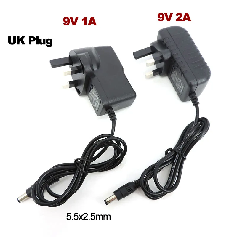 9V 1A 2A UK 3 pin power supply adapter Supply AC to DC adaptor 9 volt 1000ma 5.5*2.5MM LED Monitor regulation charger