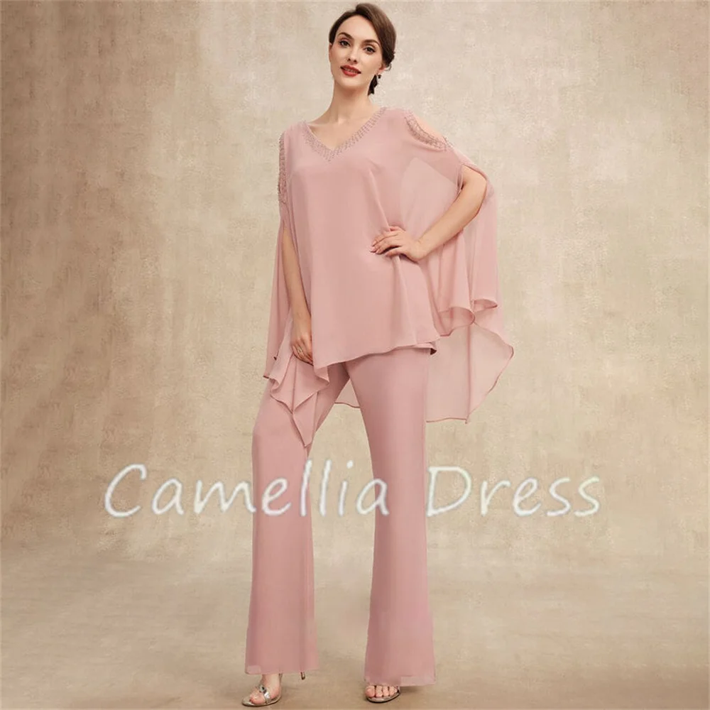 New V Neck Mother Of The Bride Dress Pantsuit Separates A Line Beading Chiffon Formal Dresses Vestidos Mae Da Noiva Casamentos