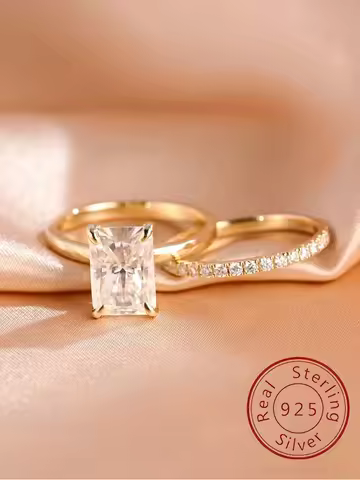 925 Sterling Silver Fashion Rectangle Shiny Zircon Ring Set For Women Anniversary Wedding Luxury High Quality Fine Jewelry