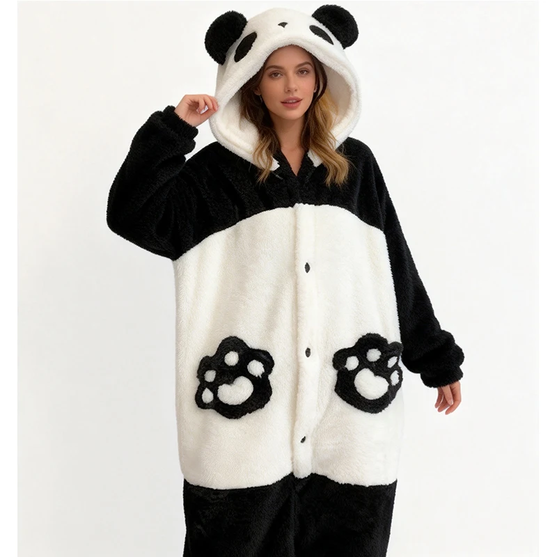 Cartoon Panda Pajama Women's Winter Warm Coral Velvet Thick Sleeprobe Cute Girl Hoodie Sleepwear Homewear Coral Fleece Bathrobe