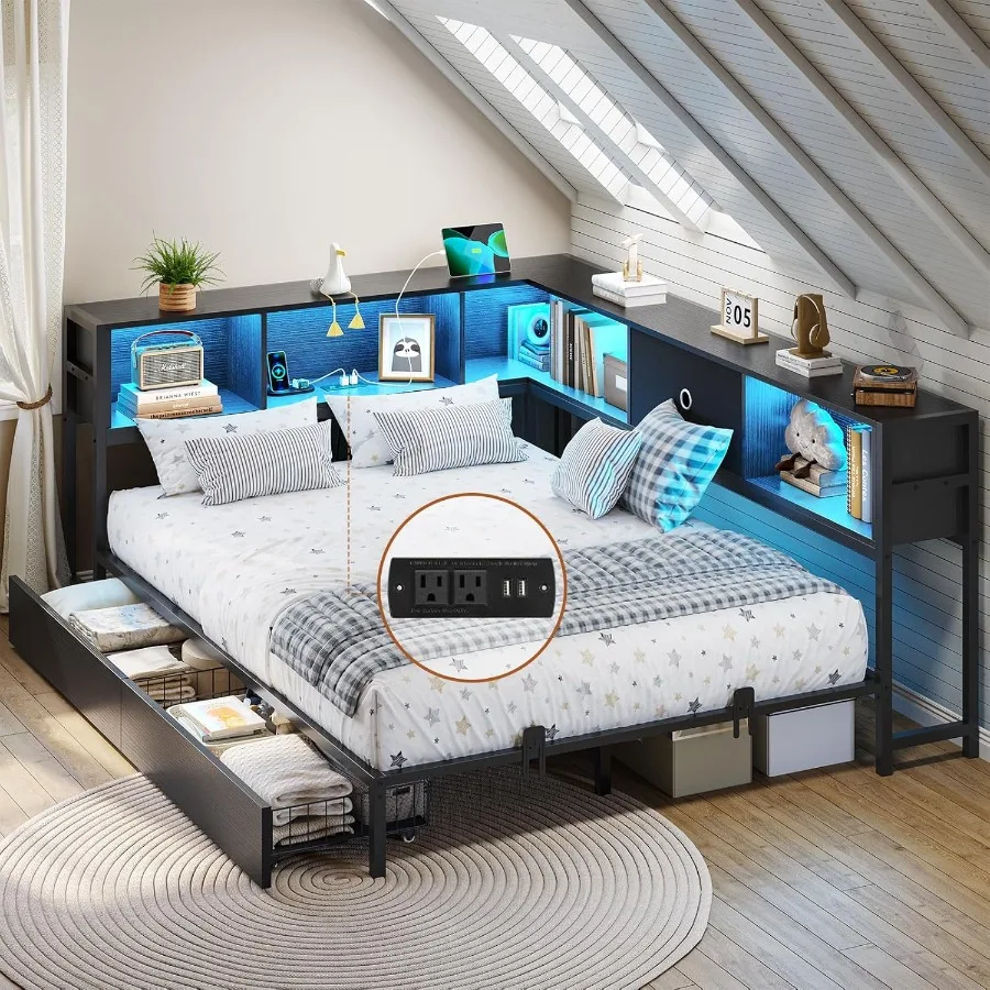 إطار سرير زاوية كاملة مع تخزين خزانة كتب مدمجة وتصميم سرير بمنصة معدنية بإضاءة LED للحجم الكامل مع إضافي