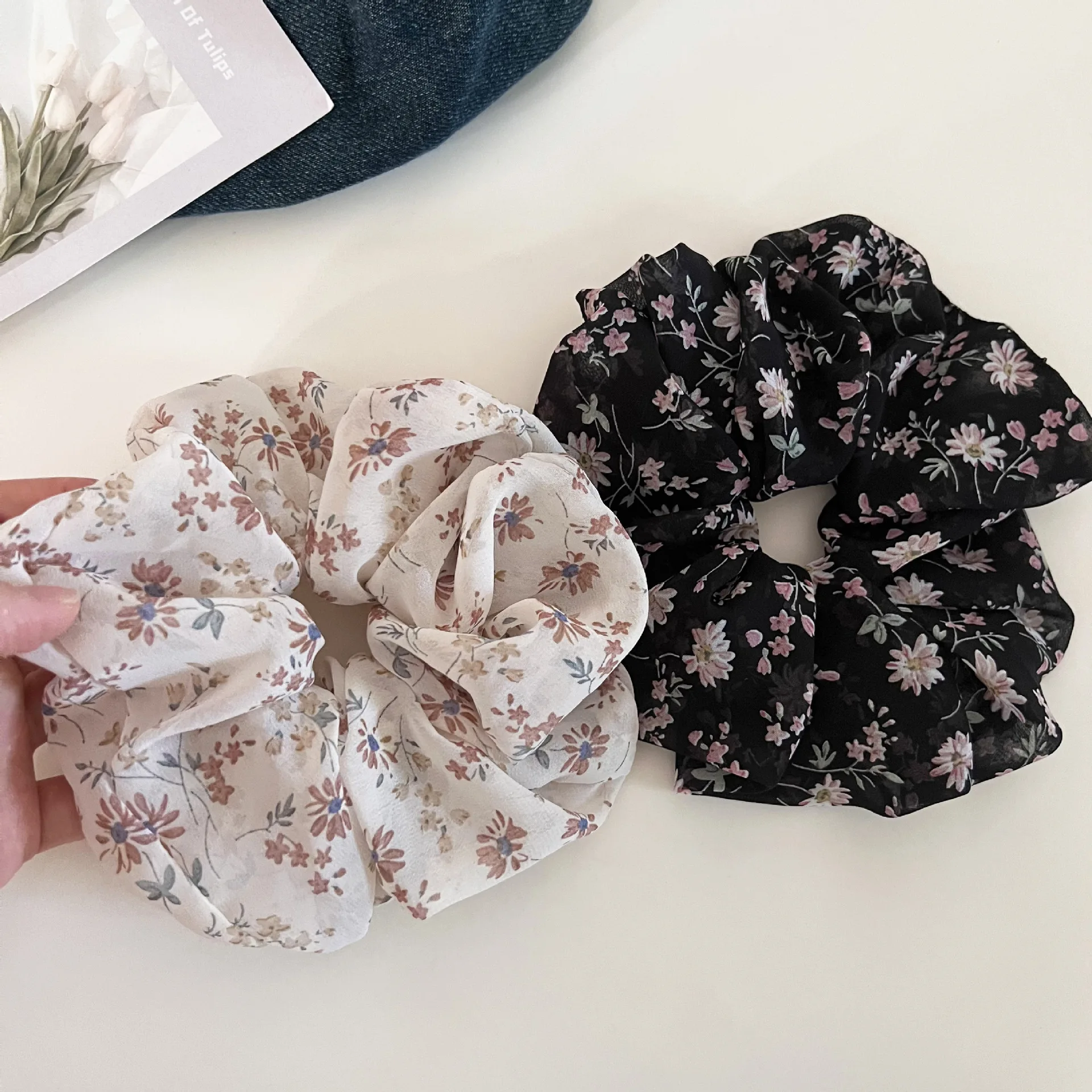 

Floral Chiffon Scrunchies Elastic Rubber Hairbands For Women And Girls Ponytail Holder Tie Fashion Hair Accessories
