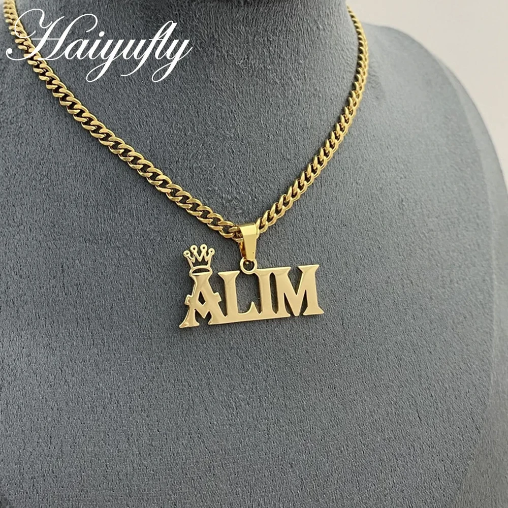 Haiyufly Custom Name Pendant Necklace for Women Men Personalized Crown Nameplate Stainless Steel Thick Chains Jewelry Gift