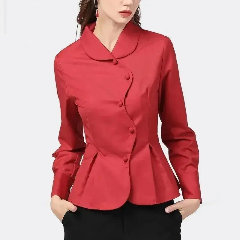 Camisa china de manga larga para mujer, camisa de satén de colección de cintura s, top con dobladillo de falda irregular, ropa de otoño