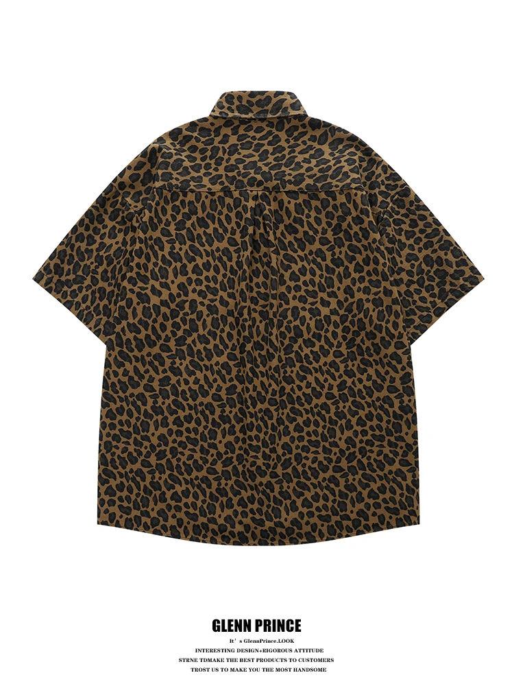 GPstudio American Retro Leopard Print Short Sleeve Casual Shirt Men's Summer New Style Loose Fit Comfortable Cotton Shirt