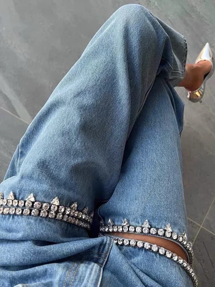 

Fashion Trendy rhinestone fabric Blue Distressed Relaxation of Tall Waist Wide Legged Pants Spring 2025 Hollow Out Jeans Women