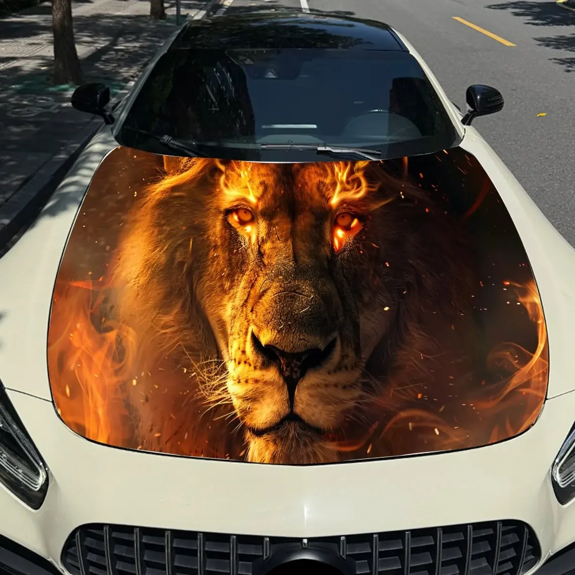 

Flame Lion Angry Car Hood Sticker PVC Self Waterproof Stick, Striking Auto Exterior Accessories Decor Protect Gift for Car Lover