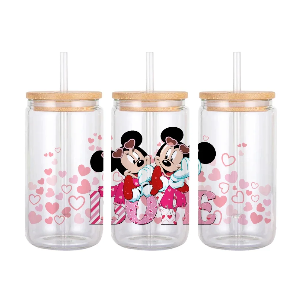 Valentine\'s Day Theme Disney Mickey Minnie UV DTF Transfer Sticker Waterproof Transfers Decals For 16oz Glass Cup Wrap Stickers