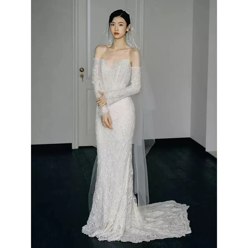 

Stunning Lace Mermaid Wedding Dresses with Long Gloves Flora Lace Bridal Gowns L&P DQL Studio