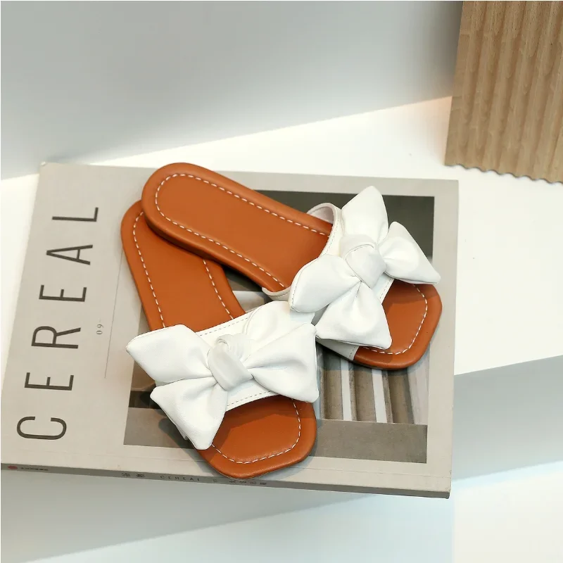 Summer Girl\'s Slippers Bowknot Beach White Beige Comfy Children Sliders Light Slip-on Trendy Leisure Holiday Kids Sandals 27-36