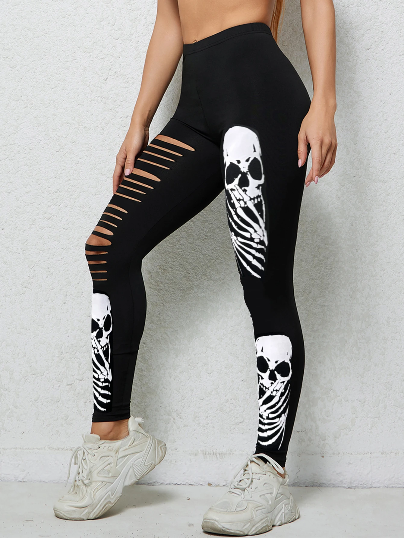 Europe And The United States Explosive Skull Printed Nine-point Pants Halloween Hole Leggings Personality Creative Style