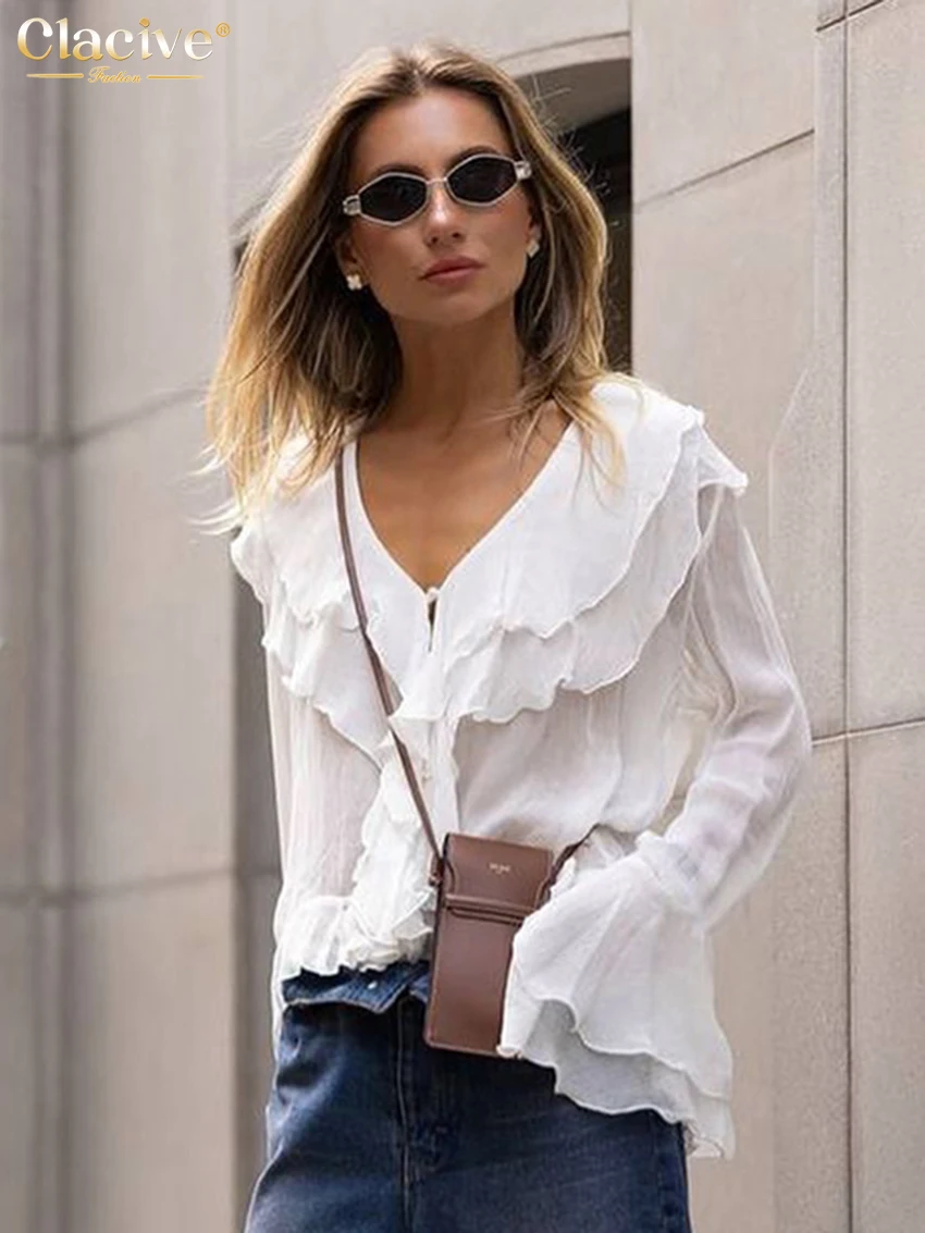 

Clacive Casual Loose White Women's Shirt 2025 Fashion V-Neck Long Sleeve Shirts Elegant Classic Ruffle Top Female Clothing