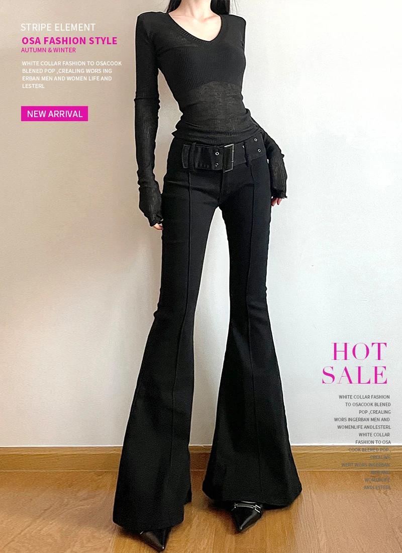 Women's Black Flare Pants Y2k Retro Emo 2000s Streetwear