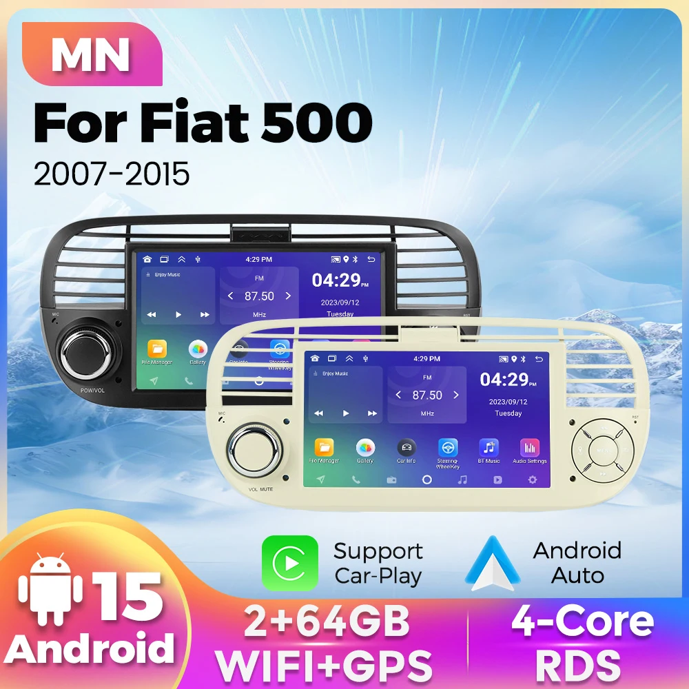 Autoradio Android 15 2 Din avec Carplay pour Fiat 500 2007-2015, Navigation GPS, Lecteur Multimédia Central, Système Audio Intelligent pour Voiture