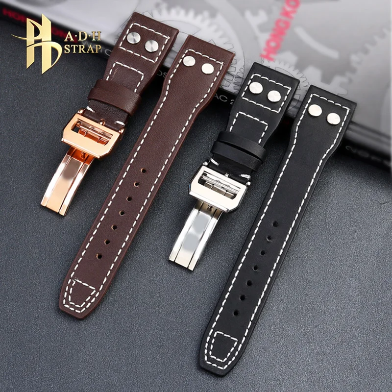 Men's Folding Buckle Leather Watch Band  For IWC Big Pilot Series Mark 18 Spitfire Fighter Genuine Leather Watch Strap 21mm 22mm