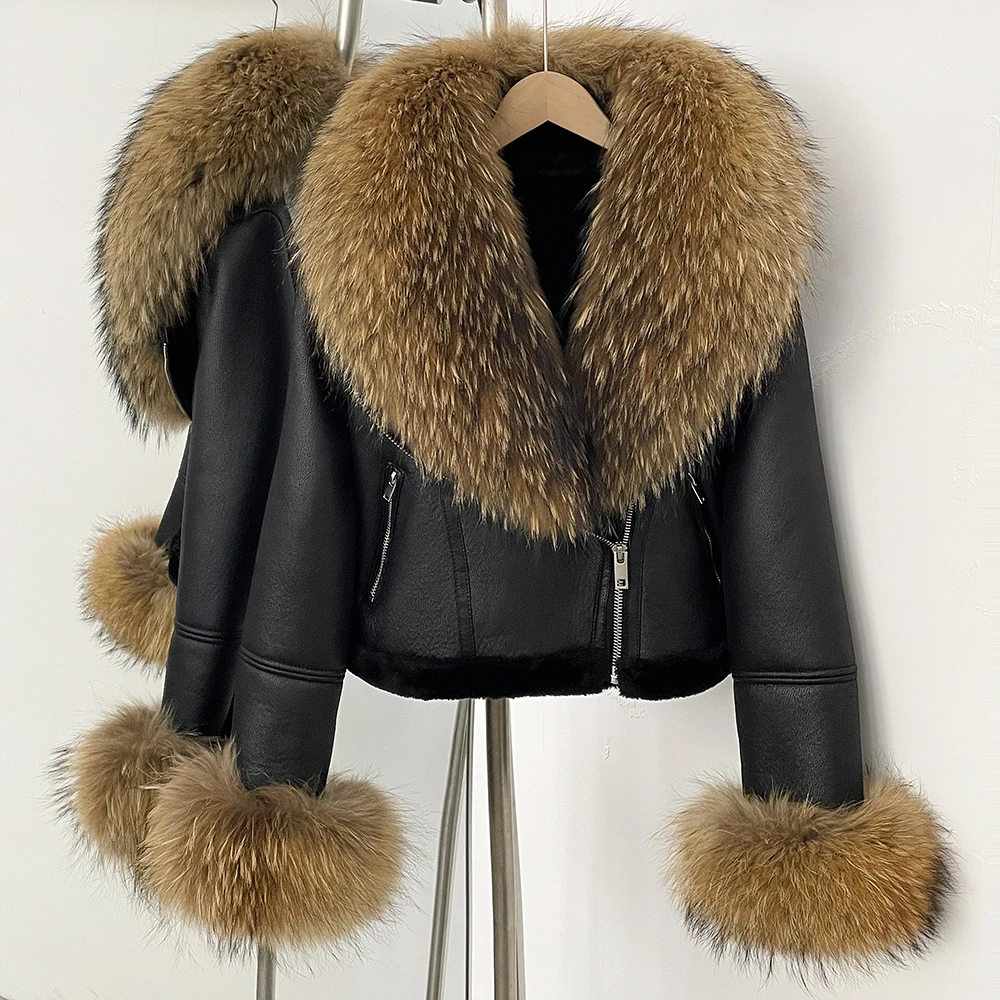 Winter Oversized Real Fur Jacket Women Warm Cuffs Clothes Short Faux Leather Fake Fur Inner Jacket Thick Female Fox Fur Coat