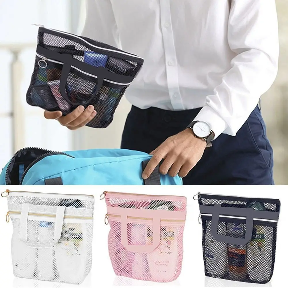 Multifunctional Portable Shower Tote Handbag Clear Mesh Cosmetic Bag Travel Toiletries Mesh Beach Gym Drawstring Bag Organizers