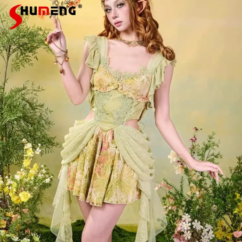 

Unique Sweet Cute Atmosphere Style Green Lace Cutout Waist Camisole Dress Fashion Hot Girls Sleeveless Dresses Women's Outfit