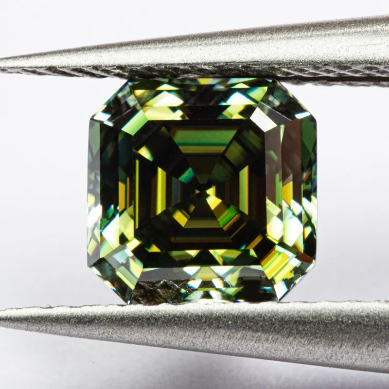 Moissanit-Stein, Asscher-Schliff, gelb-grüne Farbe, VVS1, Ring, Halskette, Hauptmaterialien, bestandenem Diamanttester mit Zertifikat – Detail 5