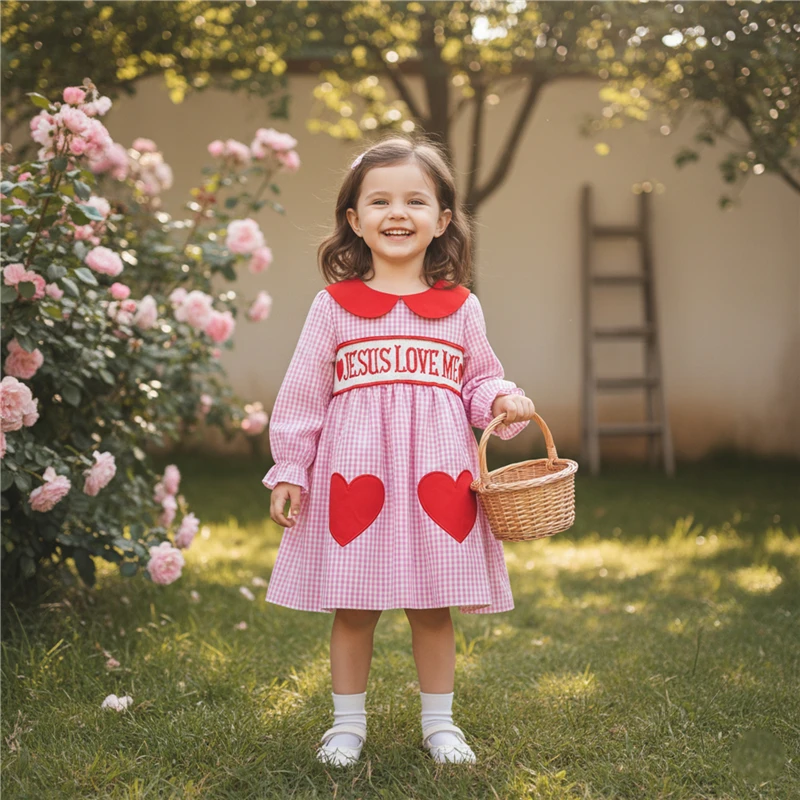 Toddler Girls Valentines Day Dress Newborn Baby Kids Girl Long Sleeve Dress Doll Collar Heart Embroidery Letters Fall Dress