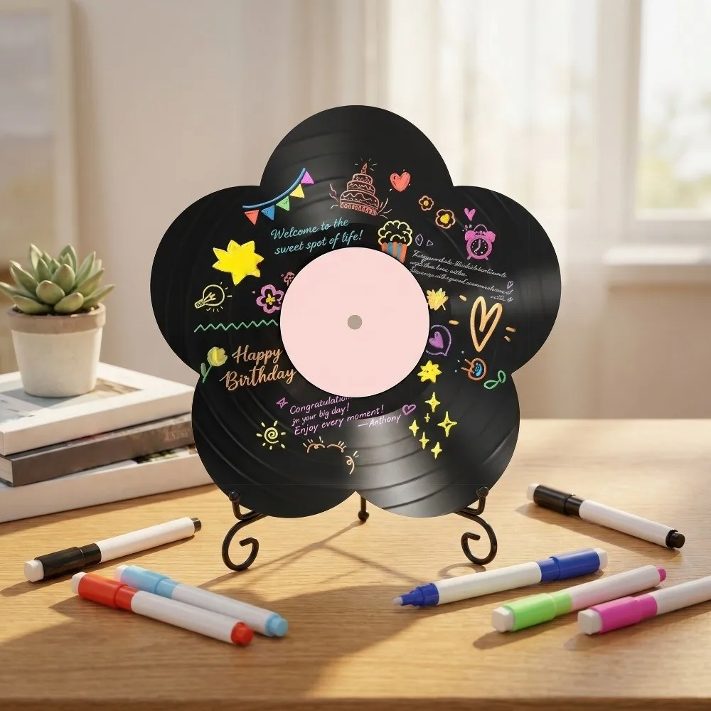 Creative Flower Shape Vinyl Record Ornament Decorative Art DIY Graffiti Disc Iron Rack with Mark Pens Acrylic Decoration