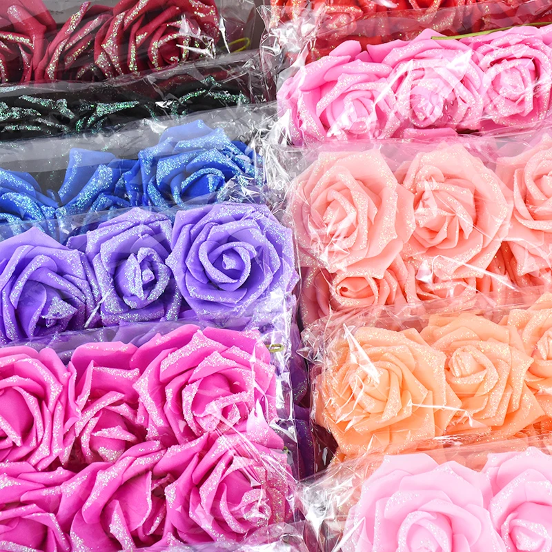 10/20/30Pcs Rose Artificial Flower Heads with Stem Glitter PE Foam Rose Fake Flower DIY Wedding Bridal Shower Party Home Decor