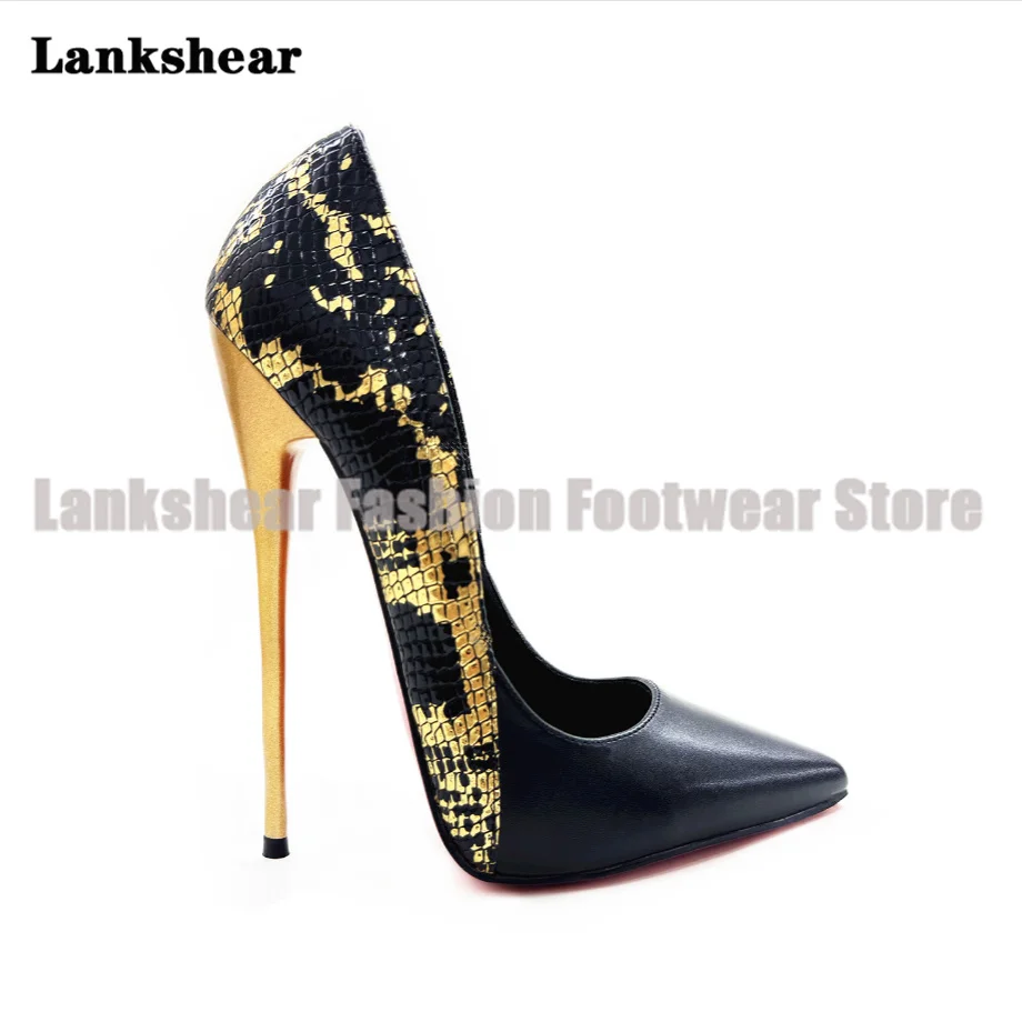 

Snake Print Stiletto Heels Pumps Black Leather Teal-Gold Pattern Luxurious Golden Women Shoes Summer Sandalias De Mujer Verano