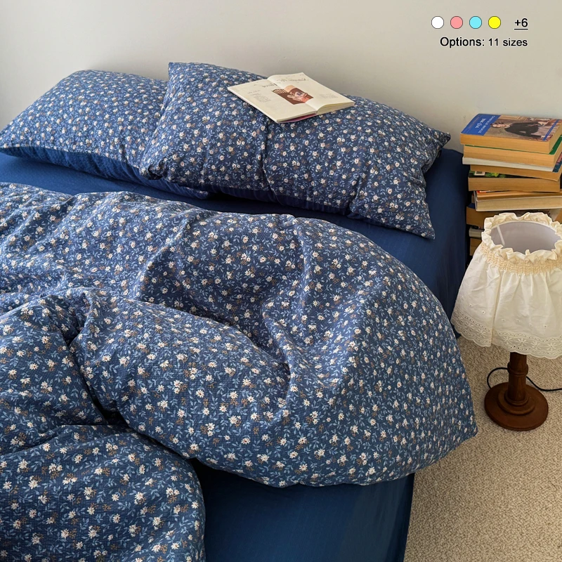 Dark Blue Tiny Floral Bubble Crinkle 4 Piece Bedding Set, Duvet Cover + Flat Sheet + 2 Pillowcases, Breathable Washable Bed Set