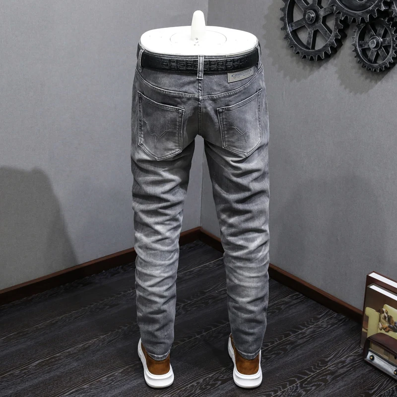 Italian Designer Fashion Men Jeans High Quality Retro Gray Elastic Slim Fit Ripped Jeans Men Vintage Casual Denim Pants Hombre