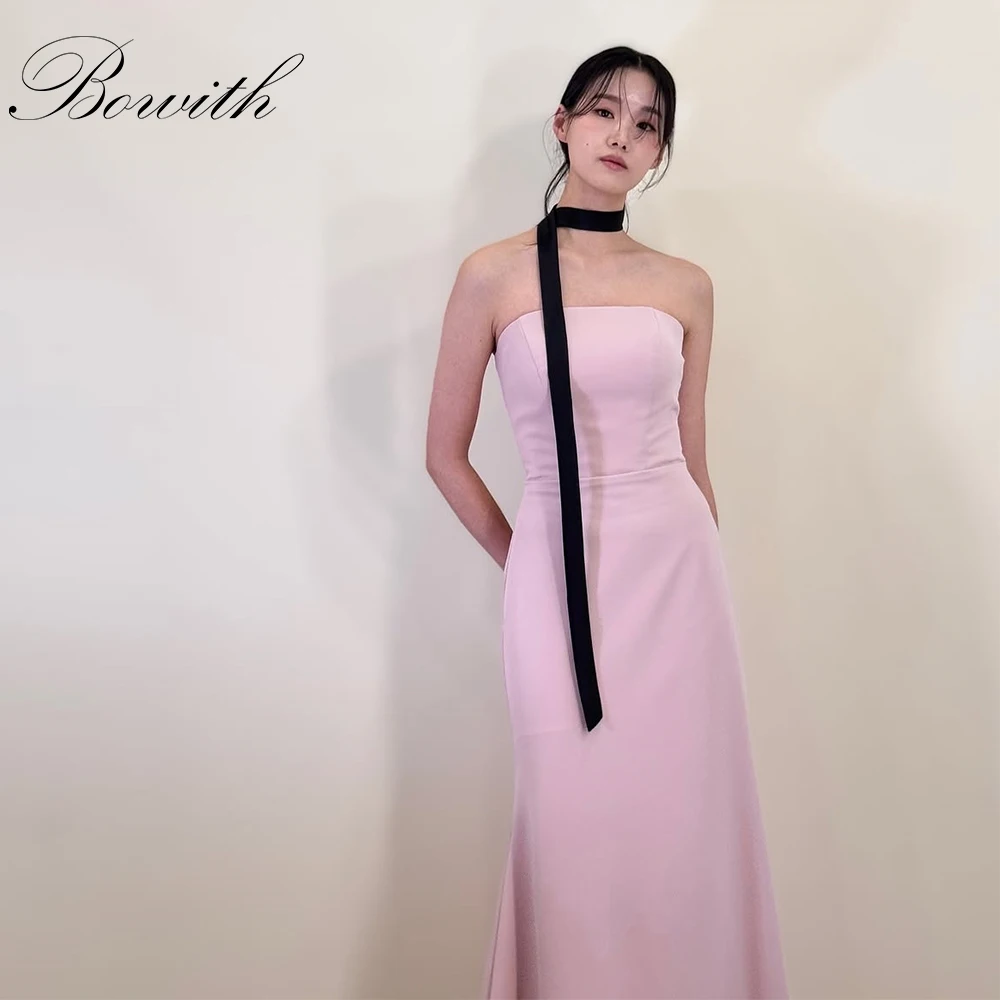 

Bowith Pink Evening Dresses Strapless Floor-Length Simple Korean Prom Dresses with Shawl Customized Party Dresses Girls