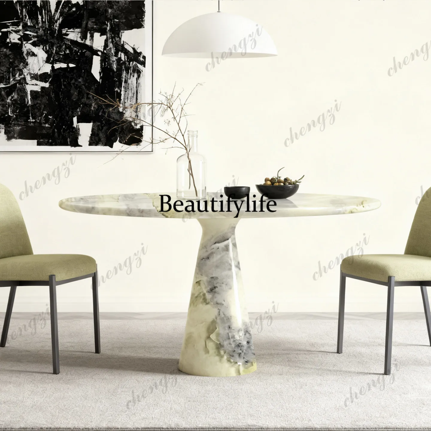 P37 Italian high-end green stone natural marble dining table with a round, premium feel