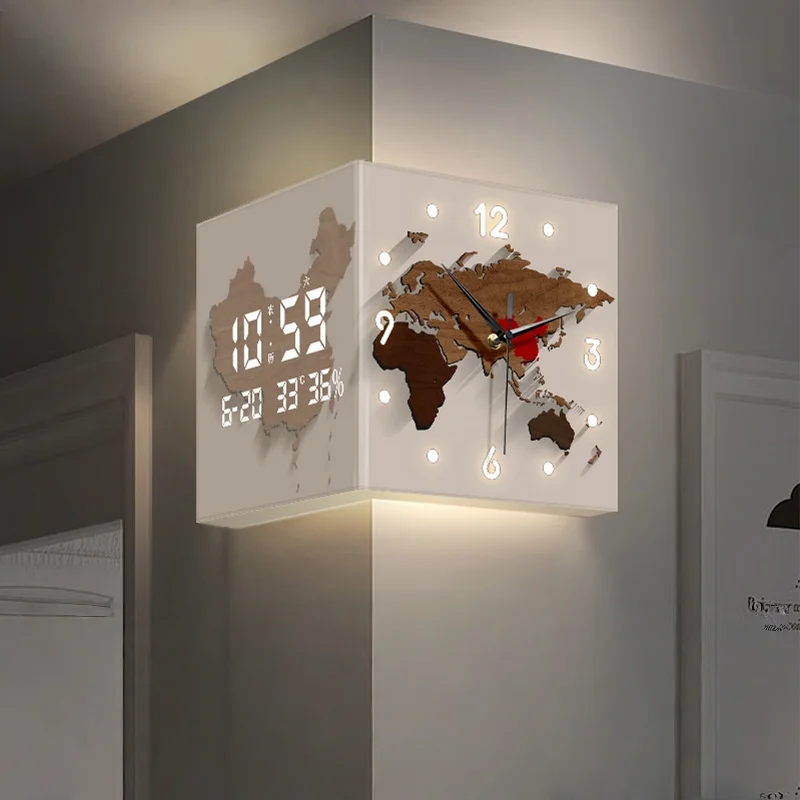 White Simple Corner Wall Clock Double Sided Electronic Perpetual Calendar Creative Corner Hanging Watch Living Room Decor LED