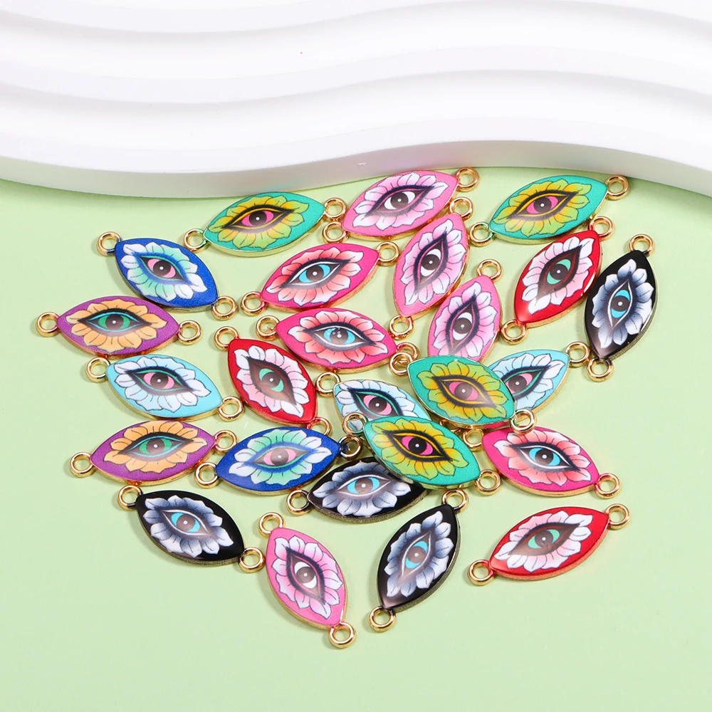 10Pcs Enamel Print Eye Palm Devil's Eye Pendant Charm Connectors Turkish Style Double Hanging Pendant For DIY Lucky Jewelry