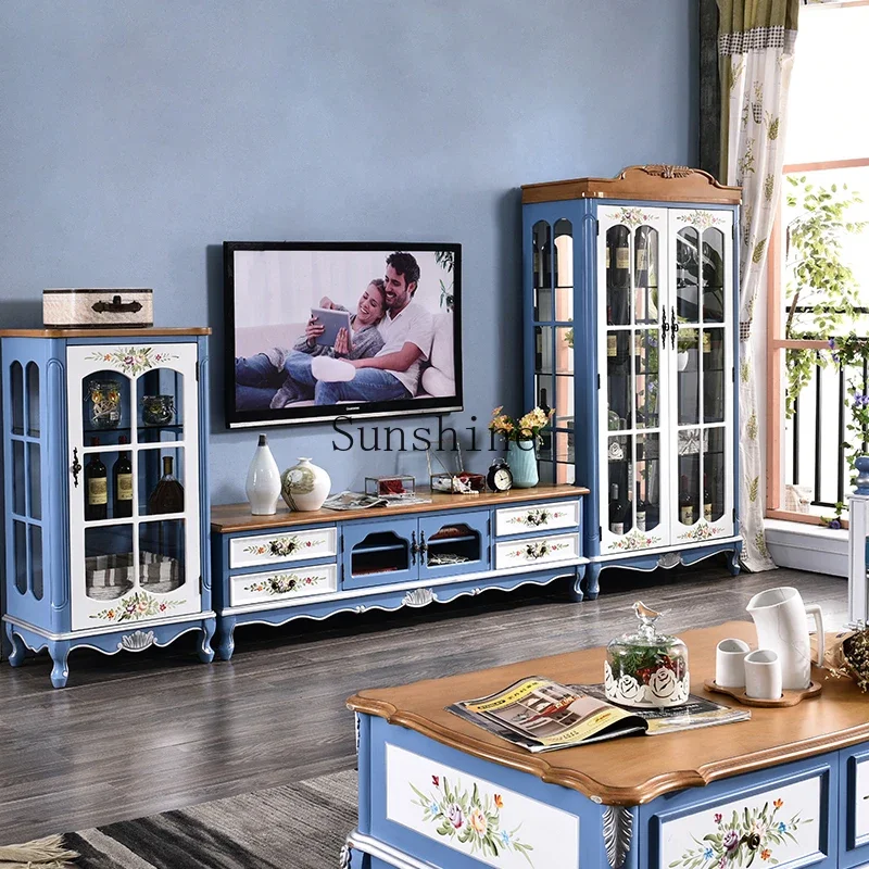 American country living room bedroom Mediterranean coffee table combination TV side cabinet glass door